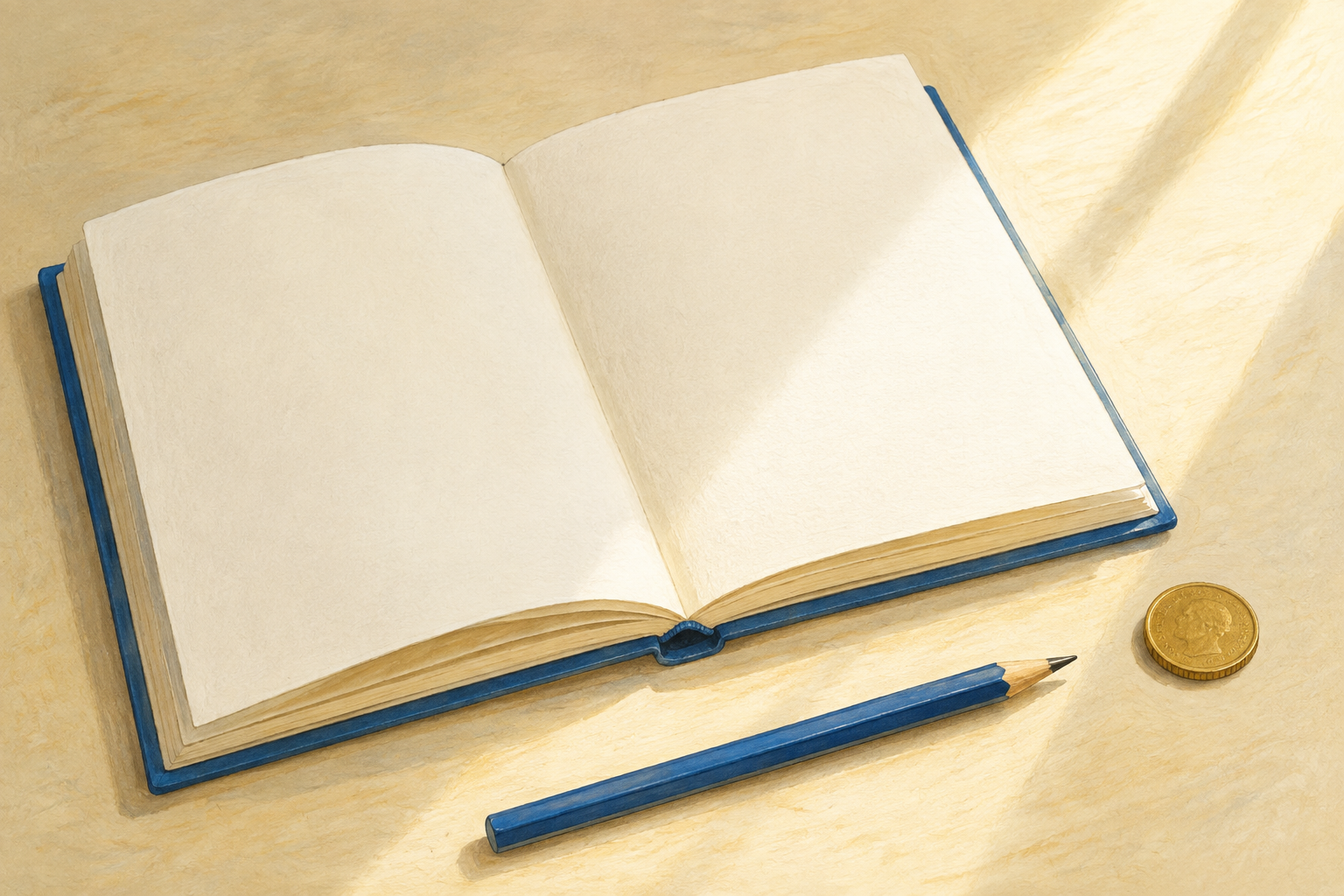 A blank open book, a blue pencil, and one coin on a sunlit table.